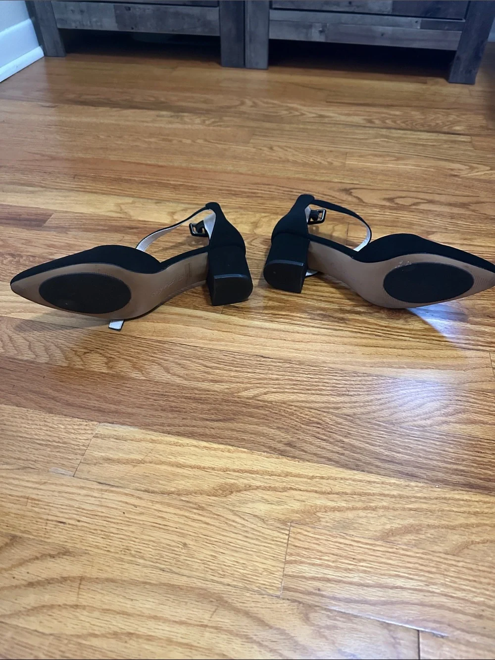 Black Pointed-Toe Ankle-Strap Block Heels